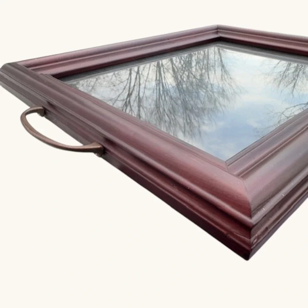 Vintage Mahogany Wood Glass Top Serving Tray‎ with Bronze Handles 19x12.5